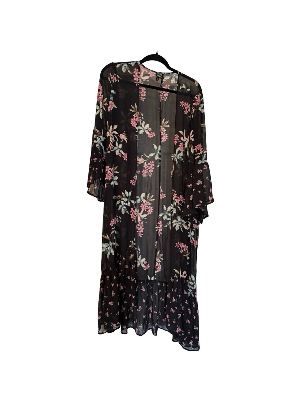 TORRID Floral Ruffle Crepe Kimono Open Front Black Pink Blue sz 1 1x Duster